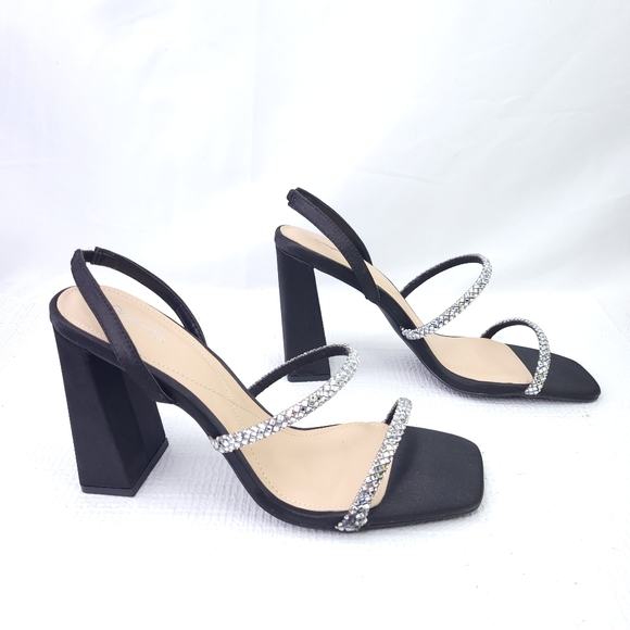 NEW Qupid Kancy 4" Tall Block Heels Rhinestone Straps Black Satin Shoes - Picture 2 of 9